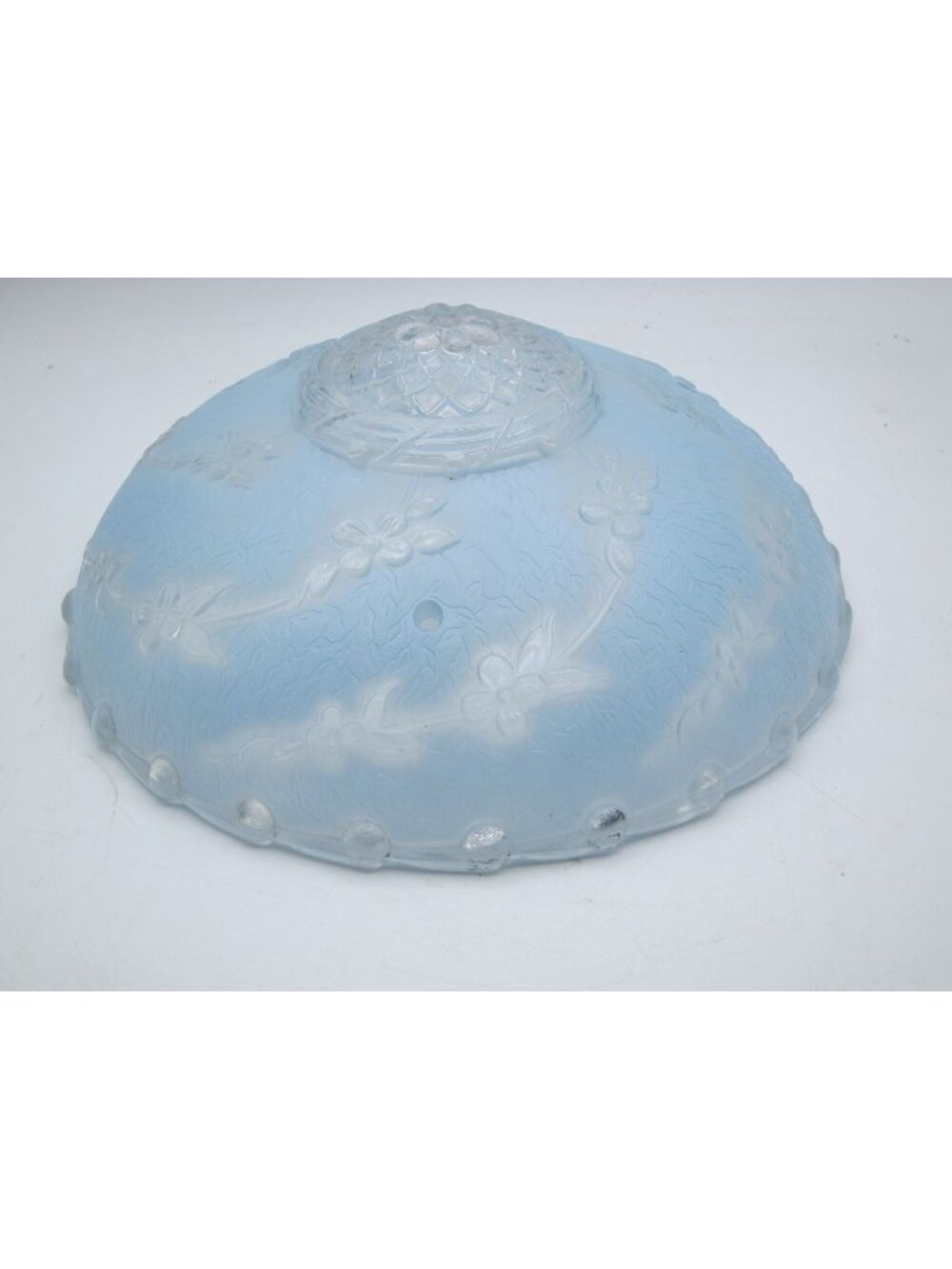 Vintage Frosted Blue Glass Ceiling Light Shade With Floral Pattern 10" Diameter